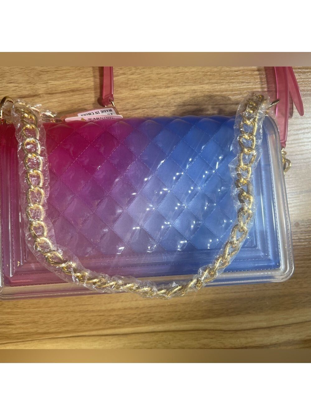 NEW! Jelly Ombré Two tone Pink Purple Blue Quilted Goldtone Chain Purse - Picture 4 of 6